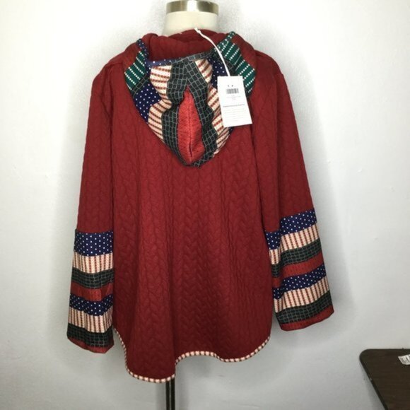 Jimmy Yoo Burgundy Stripe Hooded Swing Coat Size Medium Embroidered - Picture 6 of 11